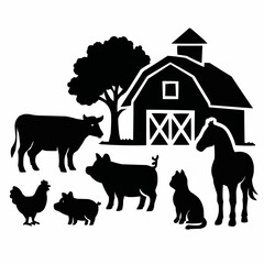 A diverse vector collection of farm animal silhouettes, including cows, pigs, sheep, horses, goats, and more