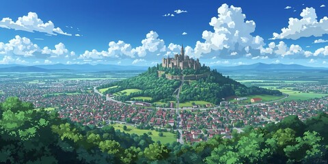 Fototapeta premium Hilltop overlooking town background panoramic wide angle view anime cartoon