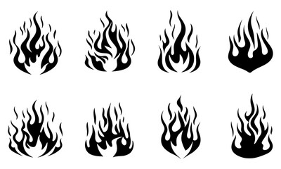 Minimalistic black flame silhouette with classic old school tattoo style. Neo-tribal fire outline and filled contour isolated on white background. Vector design for car decals