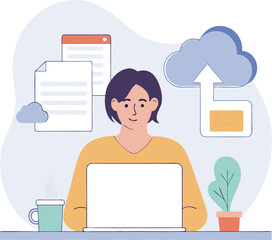 Man working remotely with cloud data storage, flat illustration