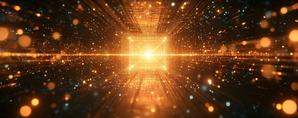 Futuristic Digital Tunnel with Bright Luminous Square Portal at the End, Symmetrical Wireframe Grid, Space-like Particles, Warm Orange and Gold Colors, Dramatic Lighting, Abstract