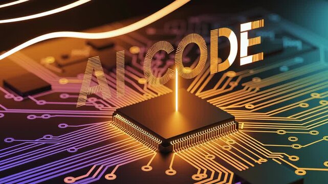 AI Code Concept Glowing Circuit Board and Microchip Showcasing Technology, Innovation, and Futuristic Advancements