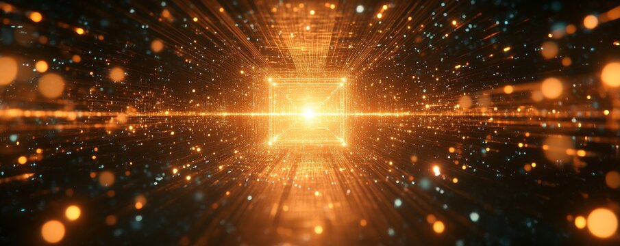 Futuristic Digital Tunnel with Bright Luminous Square Portal at the End, Symmetrical Wireframe Grid, Space-like Particles, Warm Orange and Gold Colors, Dramatic Lighting, Abstract