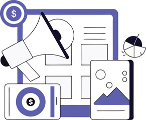 Digital marketing collage with megaphone and icons