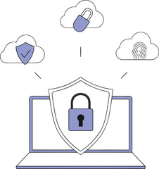 Cybersecurity concept with laptop shield and cloud