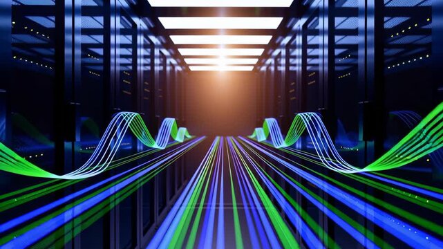 Futuristic Data Center Corridor with Vibrant Light Trails Representing High Speed Data Flow and Connectivity Technology