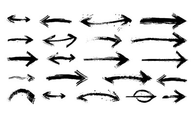 Grunge style creative arrows, bold vector set with thick isolated brush stroke pointers. Hand-drawn graphic elements featuring doodled directions, rough ink textures, decorative scribbles