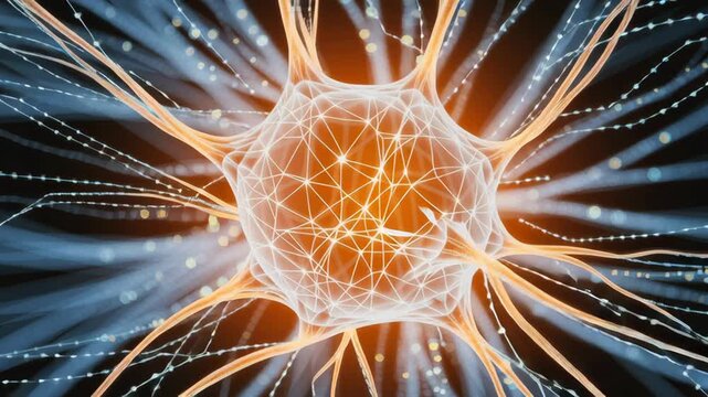 Glowing Neural Network Illustration with Interconnected Nodes and Vibrant Orange Hues, Representing Complex Data Processing and Artificial
