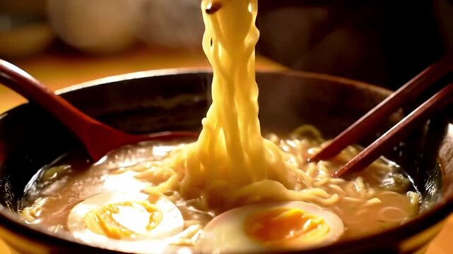 Rustic Ramen Bowl with Egg and Broth under Warm Vintage Lighting