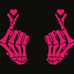 A bold and striking illustration of two skeleton hands making a heart shape with pink accents against a black background