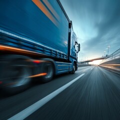 High-Speed Truck on a Highway with Motion Blur at Dusk