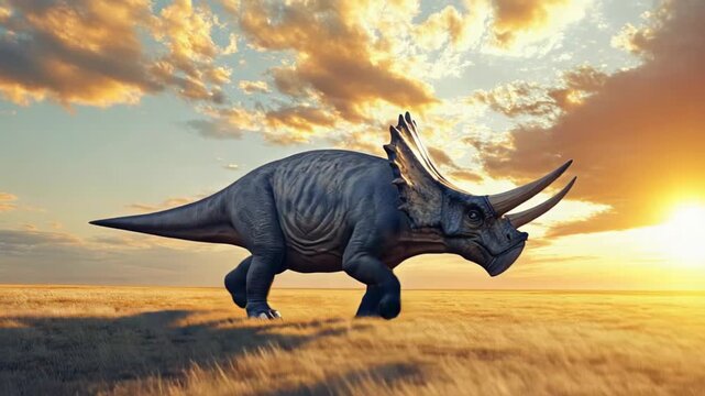 Majestic dinosaur roams golden plains under vibrant sunset sky