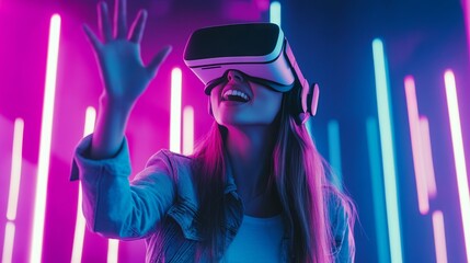 Woman with virtual reality headset, reaching out to the viewer for a shared immersive experience.