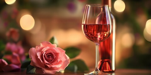 Red wine in glasses on table beside bouquet of roses in vase. Pink rose petals and candlelight create intimate atmosphere.