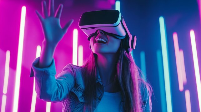 Woman with virtual reality headset, reaching out to the viewer for a shared immersive experience.