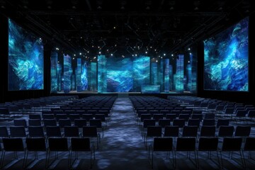 Naklejka premium Global conference stage setup with empty chairs and LED screens ready for virtual summit.