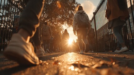 People Walking Through Gate at Sunset