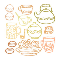 Cute line colored glass and ceramic crockery, tableware and food for tea ceremony and breakfast sticker. Tea party stickers set. Vector illustration collection.