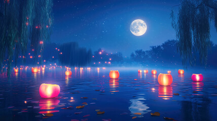 Serene night with floating lanterns under moonlit sky on tranquil lake