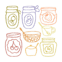 Cute colorful glass dishes with fruit and berry jam. Set of tea party sketch illustrations. Collection of vector stickers.