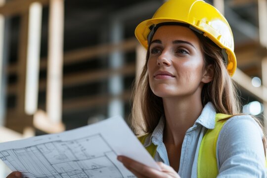 Female architect examining blueprint on construction site contemplating future project
