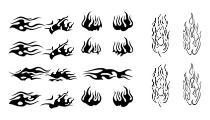 Retro 90s flame silhouettes with black and white outline, inspired by hot rod cars and motorcycle culture. Old school tribal tattoo style with blazing fire elements, vintage decoration