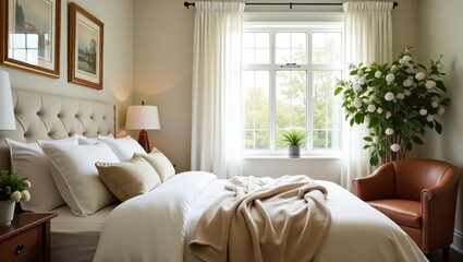 Fototapeta premium A serene bedroom interior with a comfortable bed and a large window.