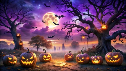 A haunting halloween night features a large moon silhouetted bats and numerous glowing jackolanterns set against a backdrop of gnarled trees