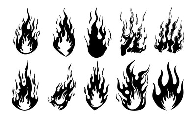 Retro flame silhouettes in old school 90s style featuring hot rod cars and motorcycles. Black and white tattoo outlines with fiery blaze elements. Vector art with tribal patterns, classic fire symbols