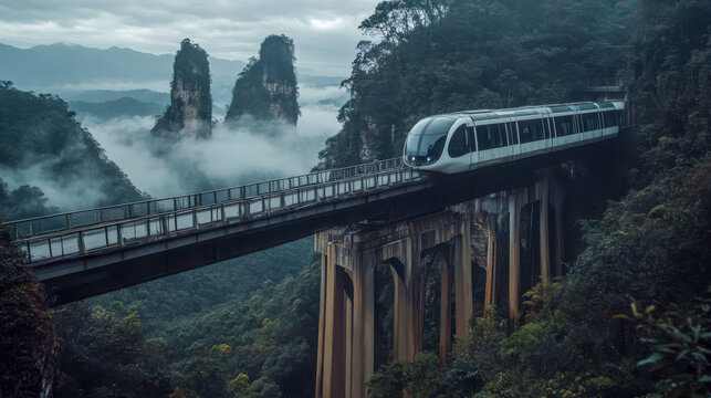 A sleek monorail navigates a misty mountain pass, its futuristic design merging with the landscape. Silent travel enhances the peaceful ambiance as it soars through soft light and lush greenery