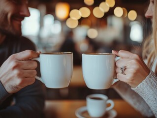 Friends sharing a coffee mug in a cozy cafe, toasting with their mugs.