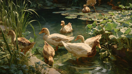 Ducks in Harmony: A Family's Teamwork in Nature's Garden