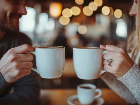 Friends sharing a coffee mug in a cozy cafe, toasting with their mugs.