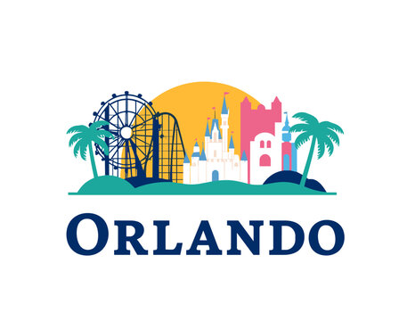 Colorful flat design emblem of Orlando with theme park castle, Ferris wheel, roller coaster and palm trees