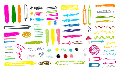 Hand-drawn marker highlights, underline strokes, tick marks, arrows, and sketchy punctuation for handwritten notes, memos, or school boards. Vector texture