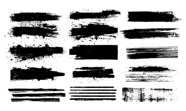 Grunge creative vector box featuring paint splashes, spray strokes, hand-drawn brush lines, and stencil effects. Includes diverse artistic paintbrush marks, splatter stains, scribbles