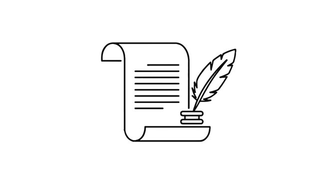Line Art Icon: Historical Scroll & Quill Pen with Inkwell. Symbolizing Women's Rights, Equality, Suffrage, Justice & Declarations. Assets for Women's Equality Day.