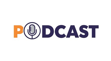 Vectorized PODCAST text with microphone glyph integrated into P letterform