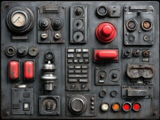 Fototapeta premium A weathered metal panel displays an array of vintage industrial switches, buttons, dials, and gauges, showing signs of age and wear, creating a collage of functional machinery components