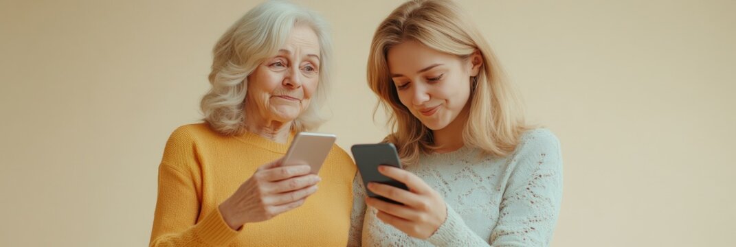 Image depicting the contrast between old and young generations when it comes to their use of cell phones, symbolizing a bridge over the gaps created by technological advancements.