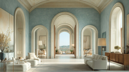 Fototapeta premium Serene Grand Hall with Blue Walls and Panoramic View