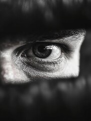A close-up black and white photo of a single eye peering through a narrow gap, highlighting detailed skin texture and intense gaze.