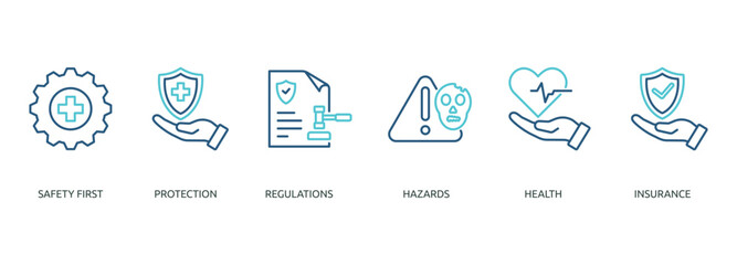 work safety outline color banner icon of safety first, protection, regulations, hazards, health, insurance