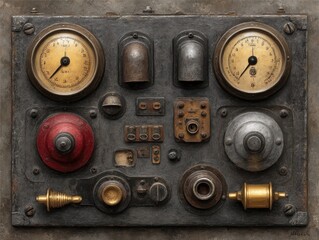 A weathered metal panel displays an array of vintage gauges, bells, knobs, and switches, showcasing a collection of industrial components with aged patina and a textured background