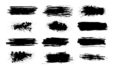 Black ink brush stroke vector template with grunge paint splashes, dirt stains, blots, and artistic spray. Textured messy brush effects, graffiti, splatter, background, abstract design