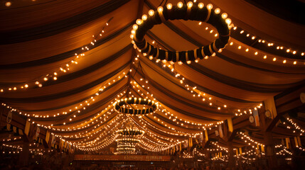 Obraz premium Warmly lit Oktoberfest tent interior with hanging lights and striped fabric ceiling. A cozy, festive setting perfect for event promotion or editorial design.