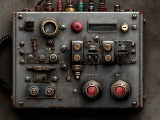 A weathered, metallic control panel, featuring numerous dials, switches, gauges, and buttons in varying states of rust and disrepair.  The panel exhibits a vintage, industrial aesthetic