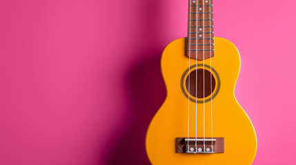 Fototapeta premium Eye-catching color block design with a yellow ukulele on one side and empty pink space on the other — a bold and fun visual for minimalist layouts.