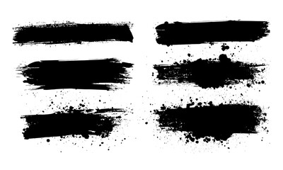 Vector black ink brush strokes with grunge splatter, dirty stains, paint splashes, and blot drops. Artistic textured backgrounds, calligraphy blobs, graffiti effects, abstract shapes