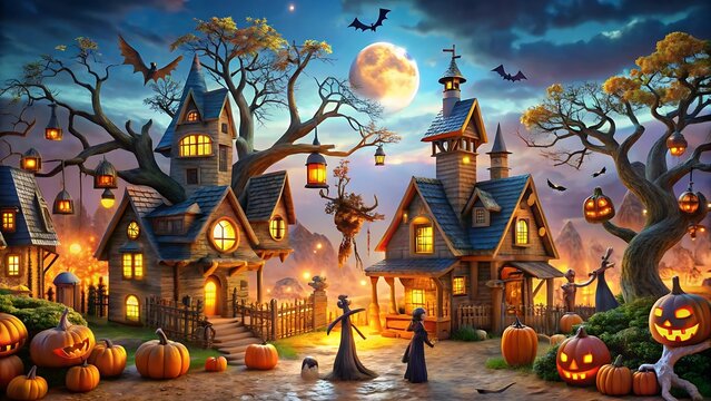 A magical halloween village under a full moon with glowing haunted houses and spooky figures